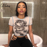 Weekeep Sexy Cropped Perspective Mesh Top t shirt Women White Dragon Print O-neck Bodycon tshirt Summer Fashion Crop Top 2019
