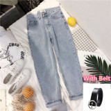 Vintage High Waist Jeans Women Solid Straight Pants Loose Casual  High Street Denim Trousers Pantalon Femme Plus Size With Belt