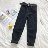 Vintage High Waist Jeans Women Solid Straight Pants Loose Casual  High Street Denim Trousers Pantalon Femme Plus Size With Belt