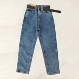 Vintage High Waist Jeans Women Solid Straight Pants Loose Casual  High Street Denim Trousers Pantalon Femme Plus Size With Belt