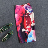 Women Vintage Skirts Flower Printing High Waist Bodycon Slim Midi Split Sexy Pencil Female Falda 24 Patterns SP524