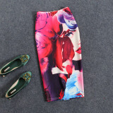 Women Vintage Skirts Flower Printing High Waist Bodycon Slim Midi Split Sexy Pencil Female Falda 24 Patterns SP524