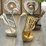 7 Pcs Swan Fruit Base Holder Forks Set Stainless Steel Salad Dessert Forks Coffee Spoon Cake Tableware Zero Waste Flatware