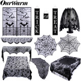 OurWarm Halloween Decor Props Black Lace Spiderweb Curtain Tablecloth Fireplace Bats Mantle Scarf Trick Or Treat Banner Cosplay