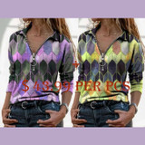 V-neck blouse printed zipper T-shirt