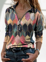 V-neck blouse printed zipper T-shirt
