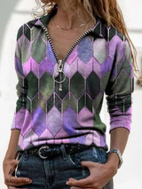 V-neck blouse printed zipper T-shirt