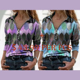 V-neck blouse printed zipper T-shirt