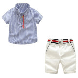 Tem Doger Little Boys Summer Outfits Stripe Short Sleeve Shirts + White Shorts 2 Piece