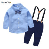 Baby Boys Formal Clothing Set Bow Tie Long Sleeve Shirt +Suspenders Pants