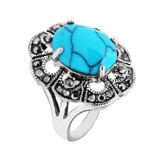 Cute Plum Flower Rhinestone Blue Stone Rings Vintage Look Antique Silver Plated