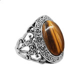 Oval Tiger Eye Rings Natural Stone Flower Ring Antique Silver Plated