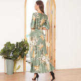 Tropical Pleated Dress Lantern Sleeve Floral Printed