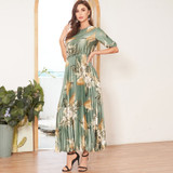 Tropical Pleated Dress Lantern Sleeve Floral Printed