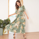 Tropical Pleated Dress Lantern Sleeve Floral Printed