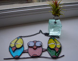 CUSTOM 3 OWLS STAINED GLASS WINDOW HANGINGS, GARDEN DECOR