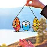 CUSTOM 3 OWLS STAINED GLASS WINDOW HANGINGS, GARDEN DECOR