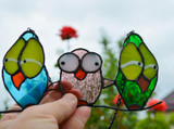 CUSTOM 3 OWLS STAINED GLASS WINDOW HANGINGS, GARDEN DECOR