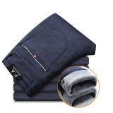 Brand Men's winter Fleece Fluff Thicken warm Casual Pants men Business Straight Elastic Thick Plaid cotton gray trousers male