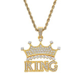 Hip Hop King Crown Iced Pendant Stainess Steel 24" Rope Chain Set