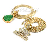 Iced Gold / Silver Buddha Pendant w/ 5mm Franco Chain / HUSTLER Pendant w/ 4mm Rope Chain Set