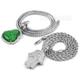 Iced Gold / Silver Buddha Pendant w/ 5mm Franco Chain / Hands of Hamsa w/ 4mm Rope Chain Set