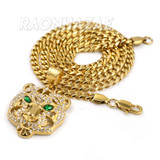 316L Solid Stainless Steel Hip Hop Drake Green Tiger Pendant w/ 5mm Miami Cuban Chain