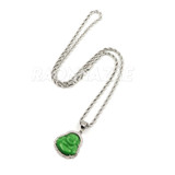 Stainless Steel Silver Smiling Chubby Buddha Pendant 4mm w/ Rope Chain (Green Jade)