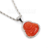 Stainless Steel Silver Smiling Chubby Buddha Pendant 4mm w/ Rope Chain (Red Jade)