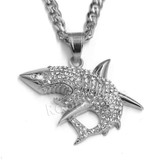 316L Stainless Steel Shark Predator Iced Pendant w/ 4mm Miami Cuban Chain