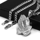 316L Stainless Steel Praying Hands Ice Out Pendant w/ 4mm Miami Cuban Chain