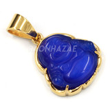 Stainless Steel Gold ICED Chubby Buddha (Blue Jade) Pendant w/ 3mm Rope Chain