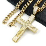 14K ICED HUGE Jesus Crucifix Cross Brass Pendant w/ 10mm Cuban Chain Set