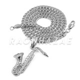 Stainless Steel Silver Saxophone Pendant w/Cuban Chain Stainless Steel Silver Saxophone Pendant w/Cuban Chain