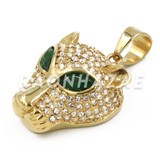 Stainless Steel Gold Emerald Eyed Panther Pendant w/Cuban Chain