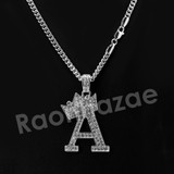 King Crown A Initial Pendant Necklace Set (Silver)