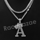 King Crown A Initial Pendant Necklace Set (Silver)