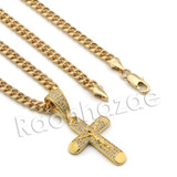 Lab diamond Micro Pave Rounded Jesus Cross Pendant w/ Miami Cuban Chain BR113