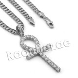Lab diamond Micro Pave Egyptian Ankh Cross II Pendant w/ Miami Cuban Chain BR103