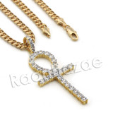 Lab diamond Micro Pave Egyptian Ankh Cross II Pendant w/ Miami Cuban Chain BR103