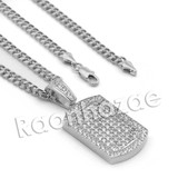 Lab diamond Micro Pave Grid Dog Tag Pendant w/ Miami Cuban Chain BR052