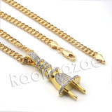 Lab diamond Micro Pave Electric Plug Pendant w/ Miami Cuban Chain BR031