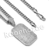 Lab diamond Micro Pave Gold PT Convex Dogtag Pendant w/ Miami Cuban Chain B24G
