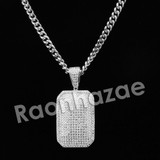 Lab diamond Micro Pave Gold PT Convex Dogtag Pendant w/ Miami Cuban Chain B24G