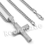 Lab diamond Micro Pave Gold PT Uzi Cross Pendant w/ Miami Cuban Chain B24G