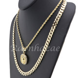MEN PRAYING HANDS ROUND PENDANT DIAMOND CUT 30" CUBAN ROPE CHAIN NECKLACE G44