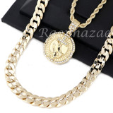 MEN PRAYING HANDS ROUND PENDANT DIAMOND CUT 30" CUBAN ROPE CHAIN NECKLACE G44
