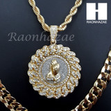 MEDALLION PRAYING HANDS DIAMOND CUT 30" CUBAN CHAIN NECKLACE SET G11