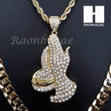 PRAYING HANDS ROPE CHAIN DIAMOND CUT 30" CUBAN CHAIN NECKLACE SET G12
