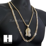 PRAYING HANDS ROPE CHAIN DIAMOND CUT 30" CUBAN CHAIN NECKLACE SET G12